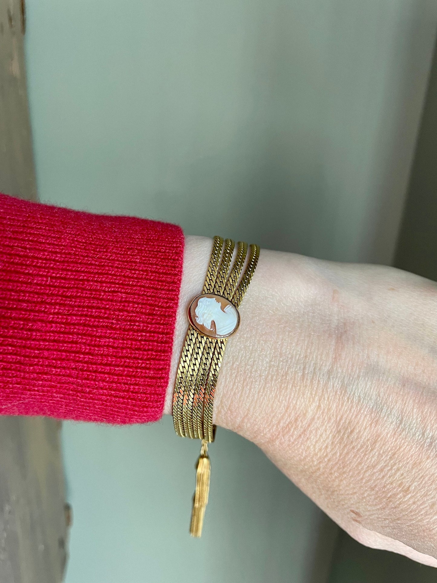 Vintage Four Link Shell Cameo Bracelet with Tassels