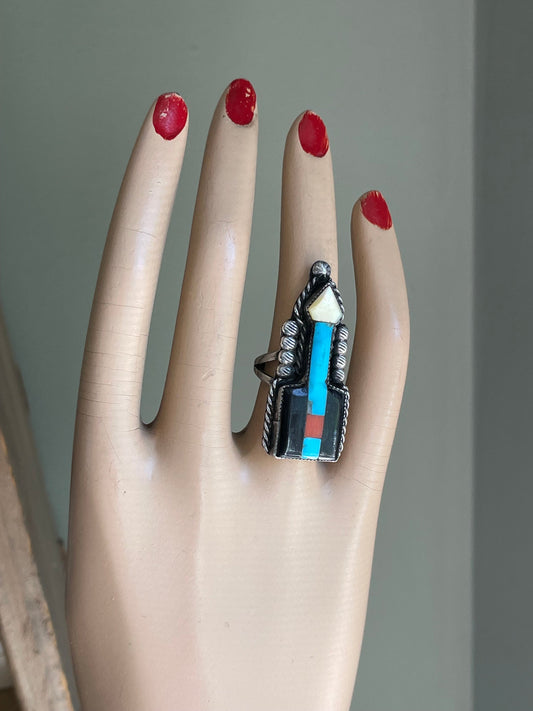 1920-1950 John Gordon Leek Zuni Inlay Arrow Ring Sterling Silver