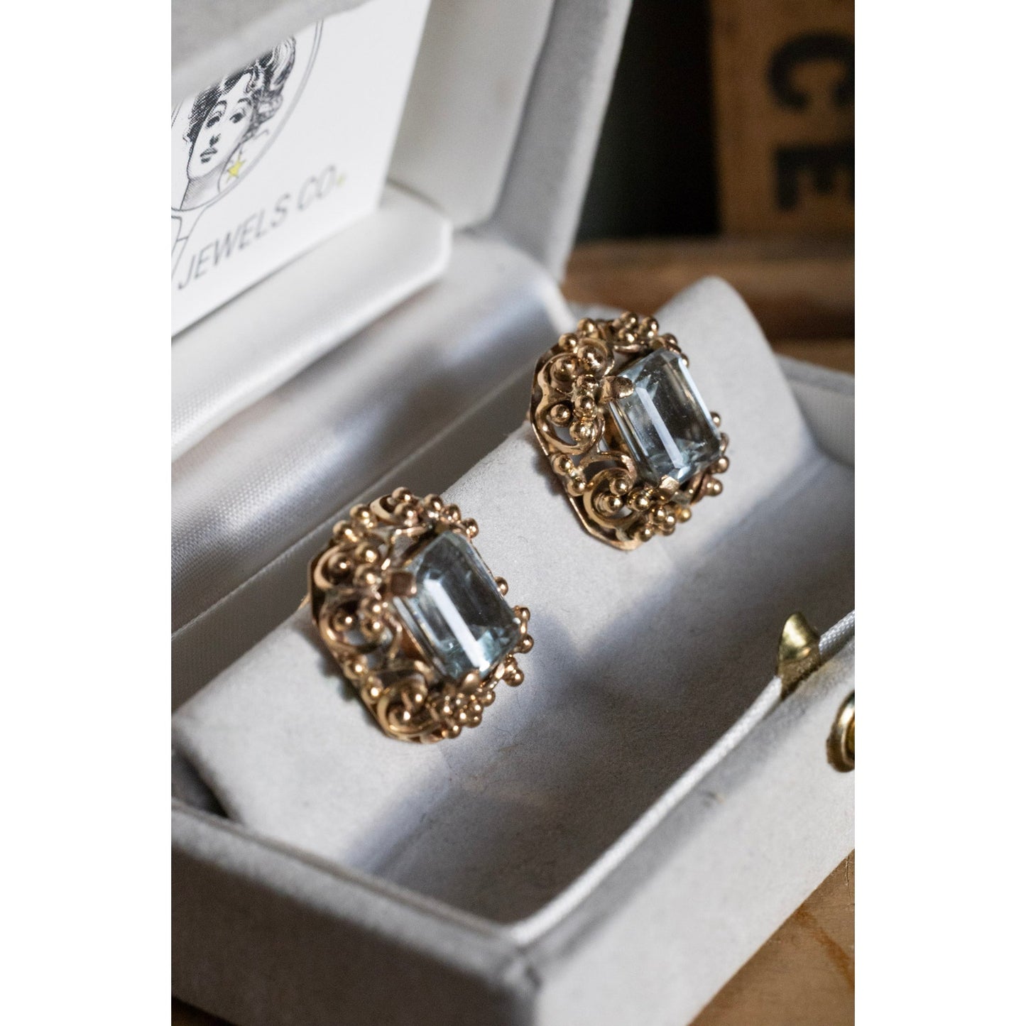 Vintage Solid 14K Yellow Gold Emerald Cut Aquamarine Earrings