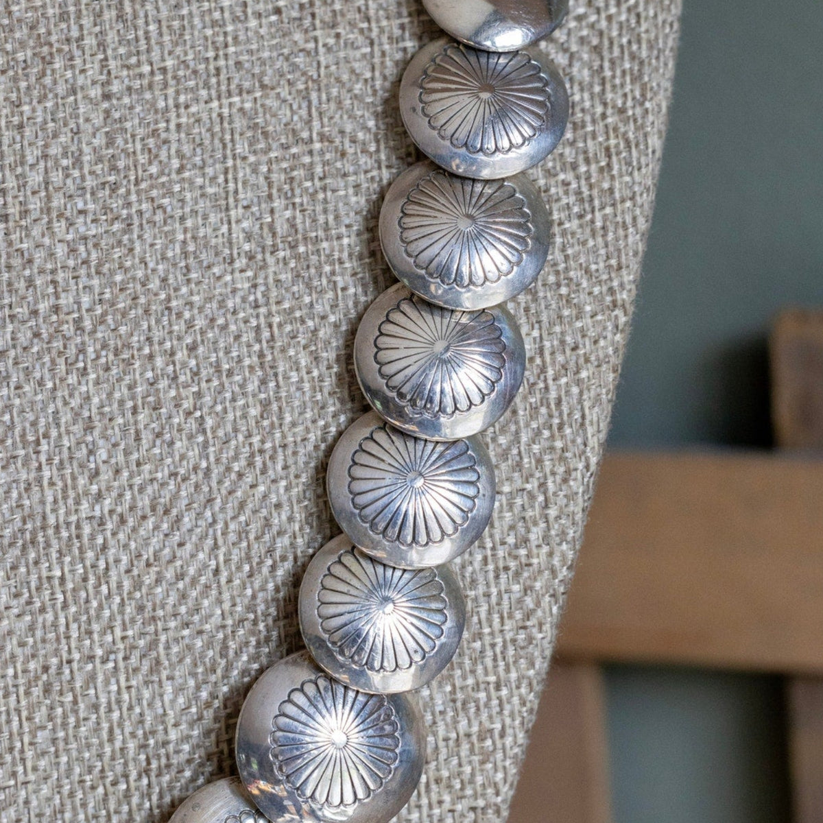 Vintage Sterling Silver Navajo Pillow Bead Concha Stamped Strand