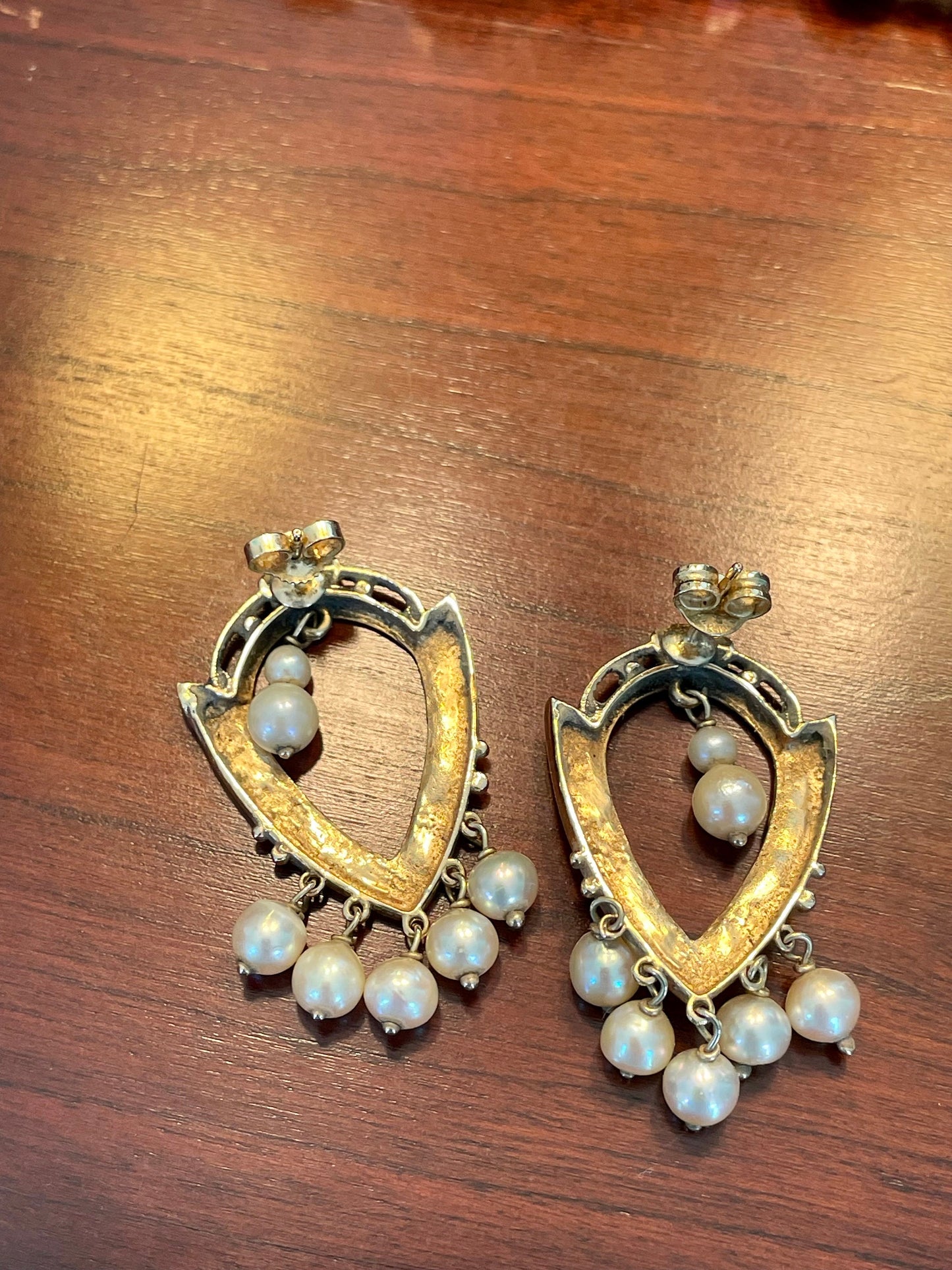 Victorian Revival 10K Yellow Gold Mid Century Pearl Dangle Earrings