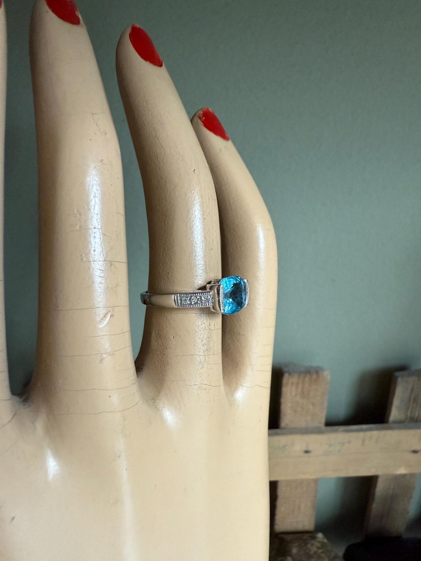 Vintage 10K White Gold Cushion Cut Blue Topaz and Diamond Ring