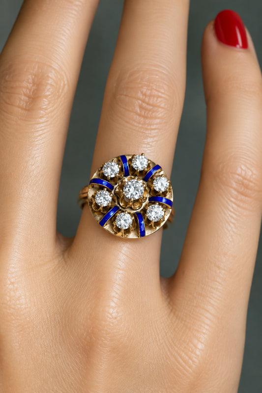 C1960 14k Yellow Gold Victorian Revival Diamond and Enamel Ring