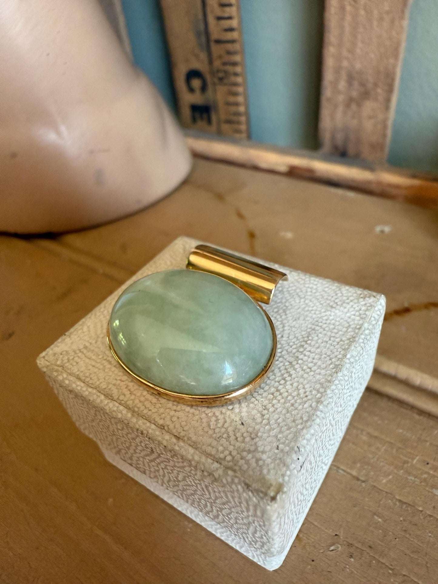 14k Yellow Gold Vintage Oval Jade Pendant you can add to Chains or Pearls