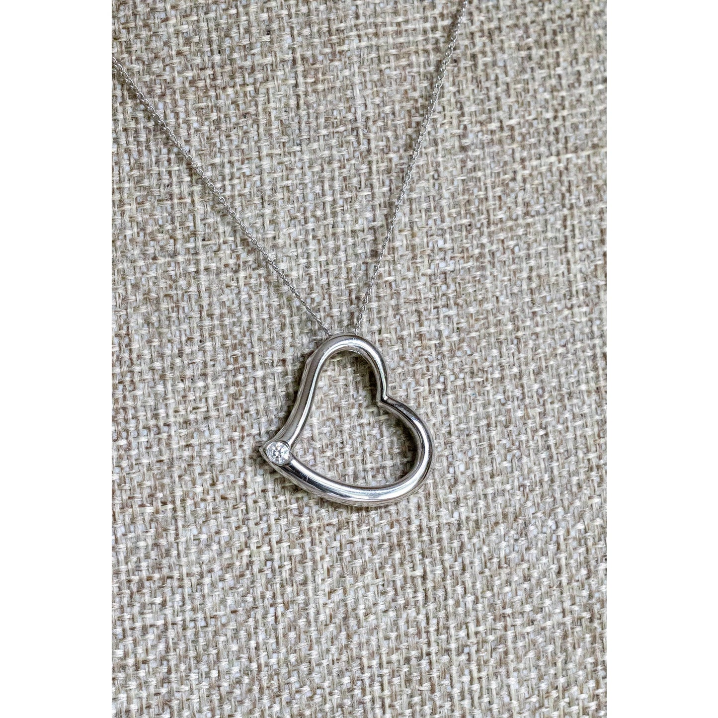 14K White Gold Open Heart Pendant with Natural Round Brilliant Cut Diamond on 14K Gold Chain