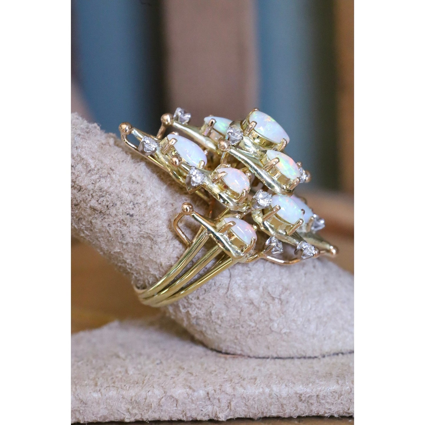 A Fine 1960's Jack Gutschneider 14K Opal and Diamond Cocktail Ring
