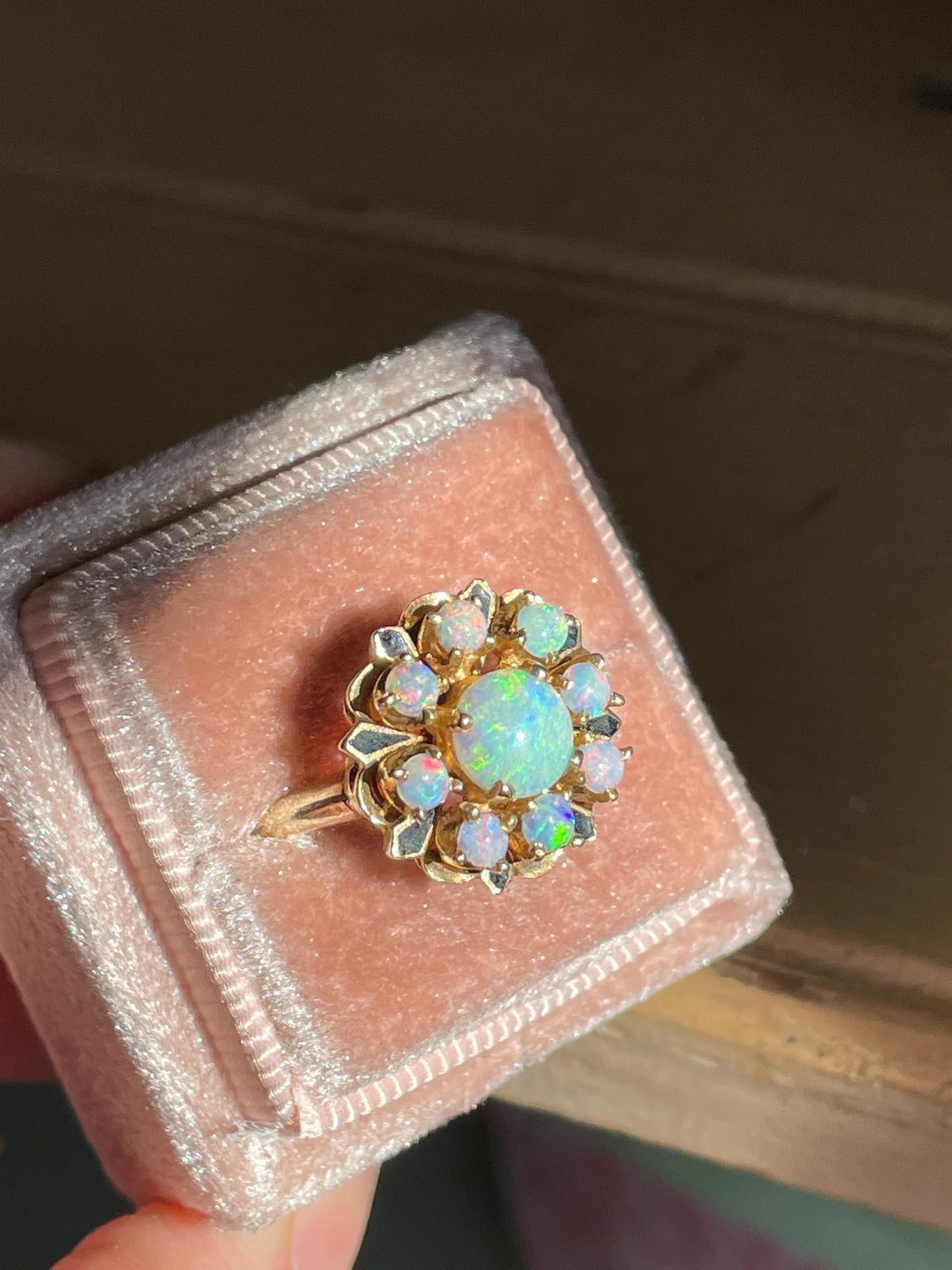 Vintage c1970 14K Yellow Gold Opal and Black Enamel Ring Victorian Revival