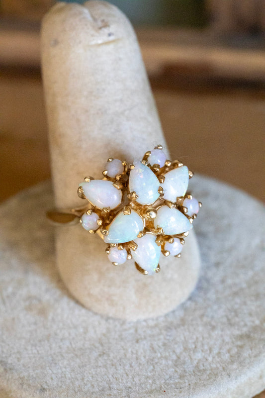 c1970 Vintage 14K Yellow Gold Round and Pear Shaped Opal Statement Ring