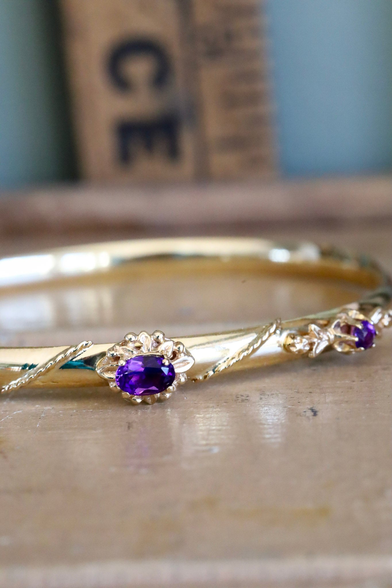 14K Yellow Gold Victorian Revival Amethyst Bracelet Bangle
