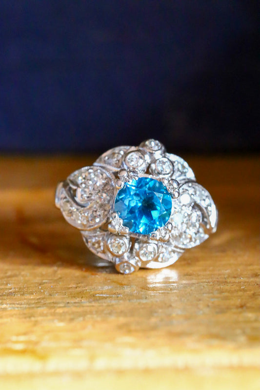 1940-1950's Vintage Platinum Diamond and Blue Topaz Ring