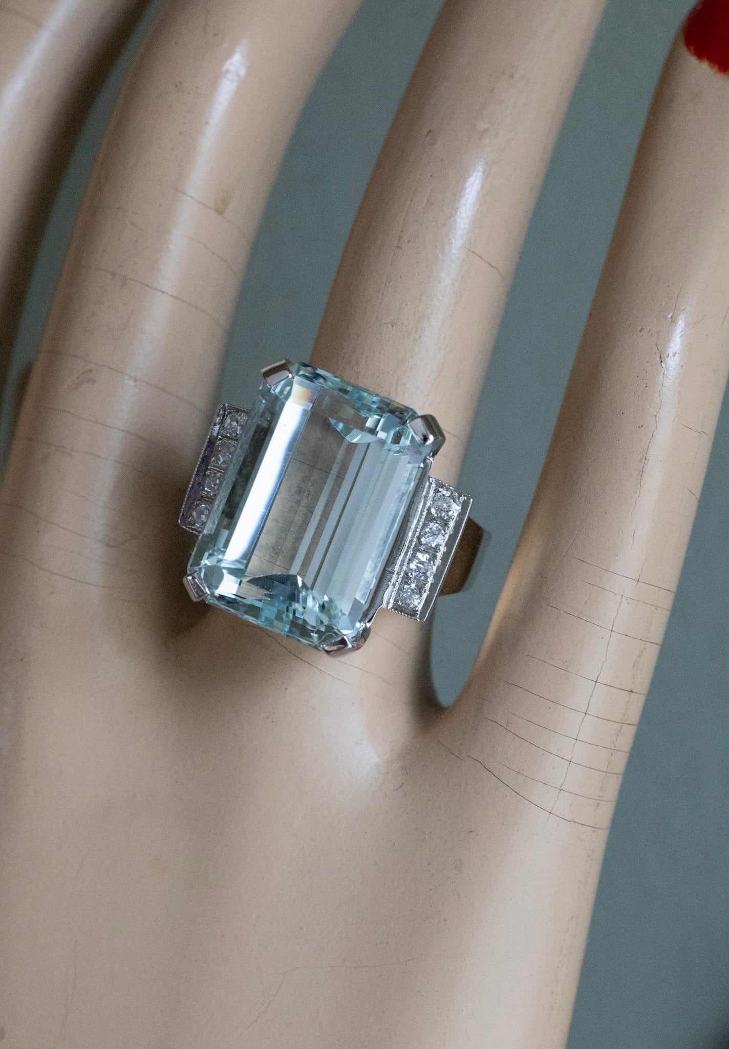 Mid Century Bold 14K White Gold 23 Ct Emerald Cut Aquamarine and Diamond Cocktail Ring