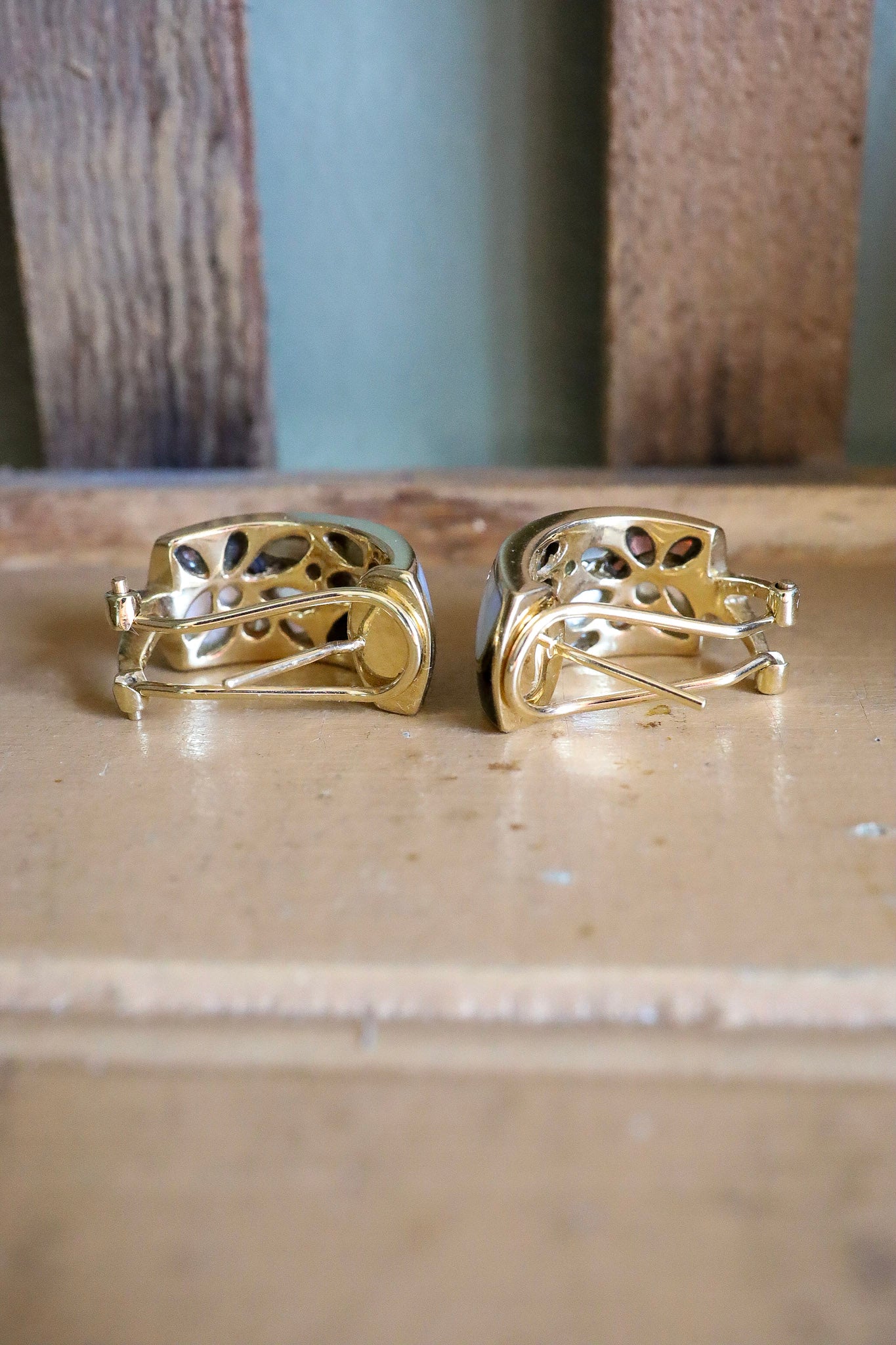 Designer Asch Grossbardt Inlay 18K Yellow Gold Half Hoop Earrings
