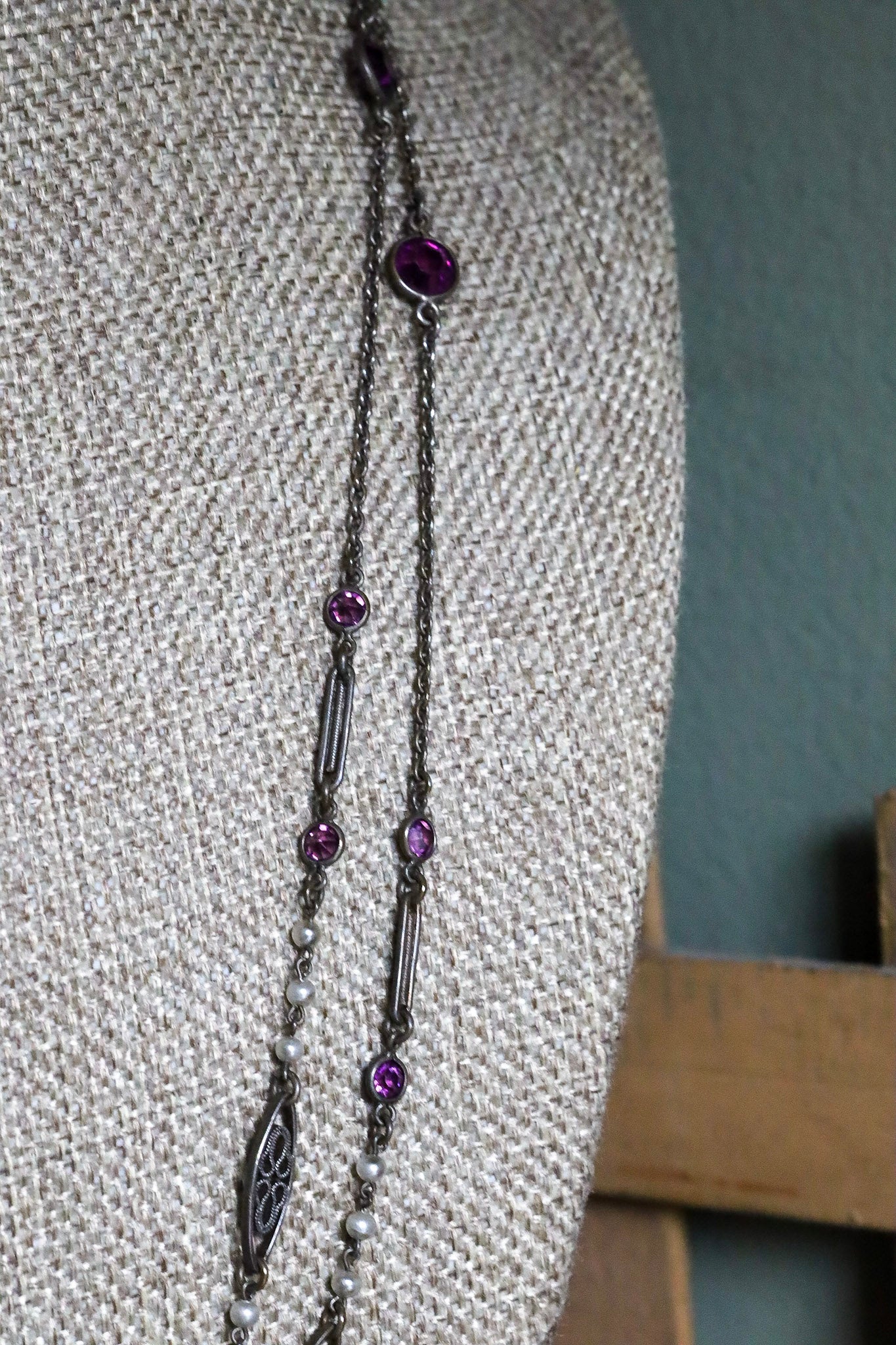 c1900 Antique Long Watch Chain with Glass Amethyst and Pearls