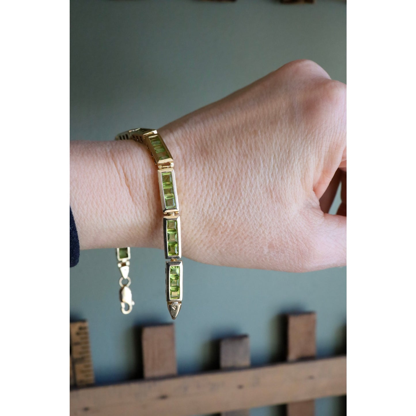 A Vintage 14K Yellow Gold Channel Set Square Set Peridot Bracelet