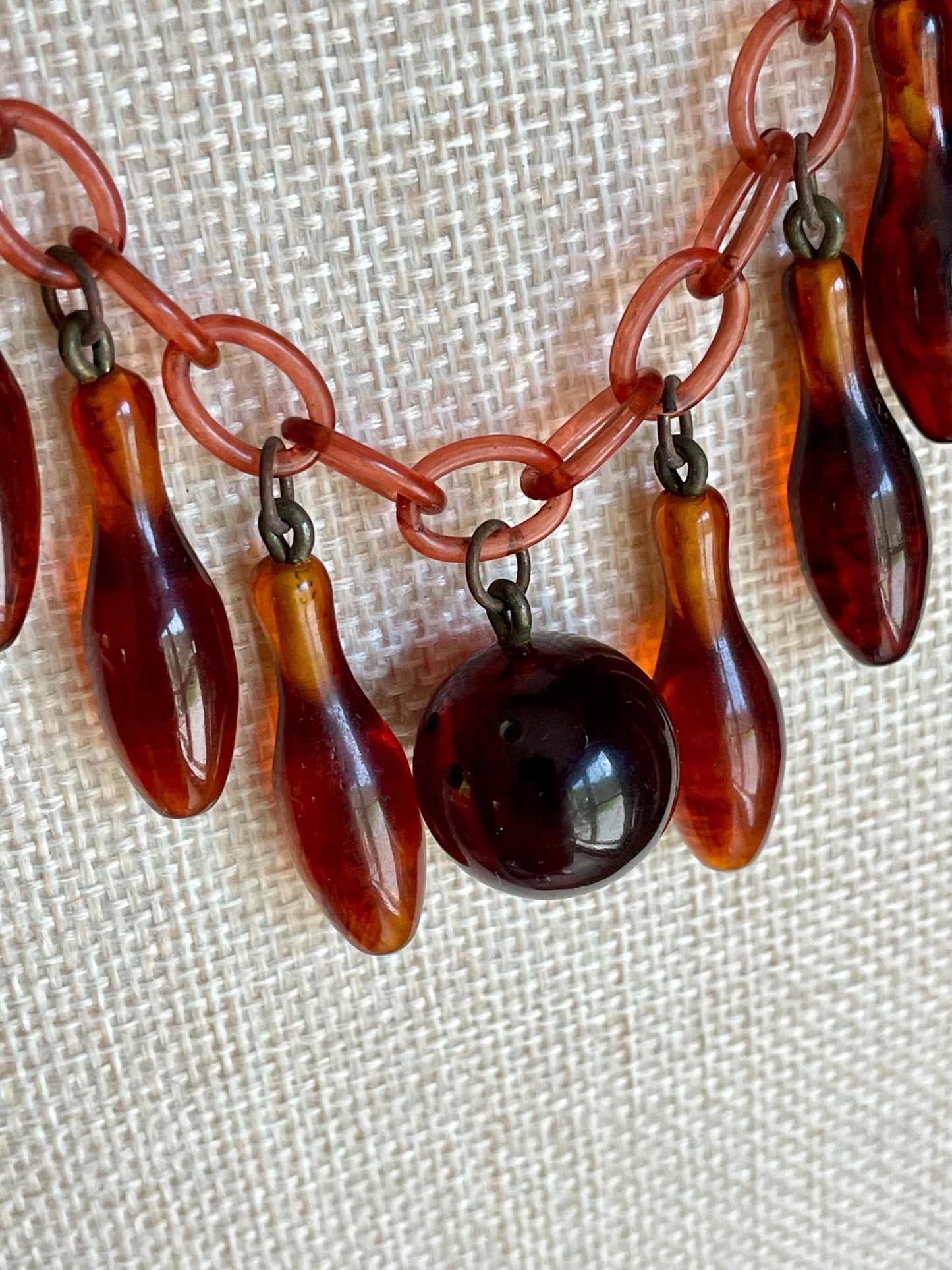 1930-1940 Tortoise Shell Bakelite Bowling Motif Necklace