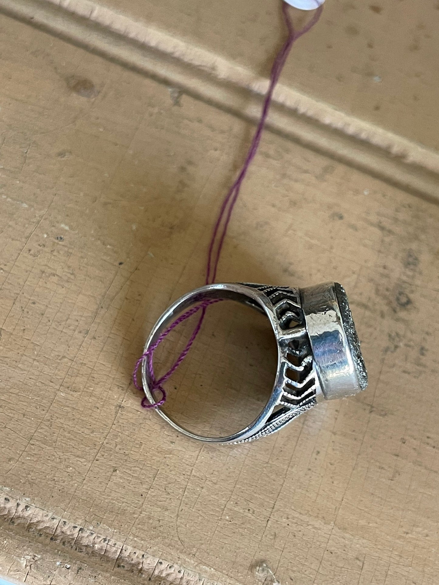 Vintage Filigree Sterling Silver Pyrite Druzy Ring - Size 5.25