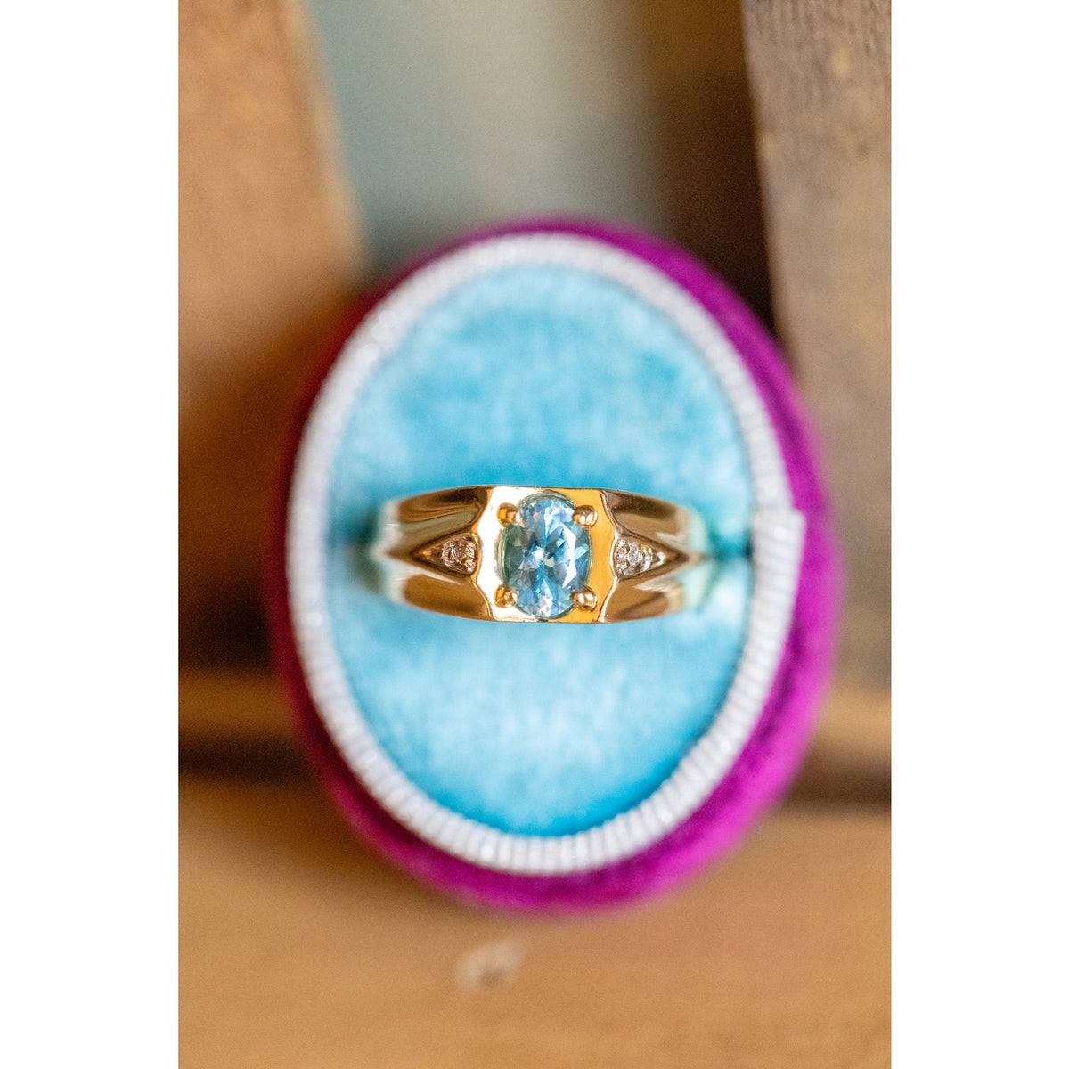 Vintage 14K Yellow Gold Oval Blue Topaz and Diamond Ring