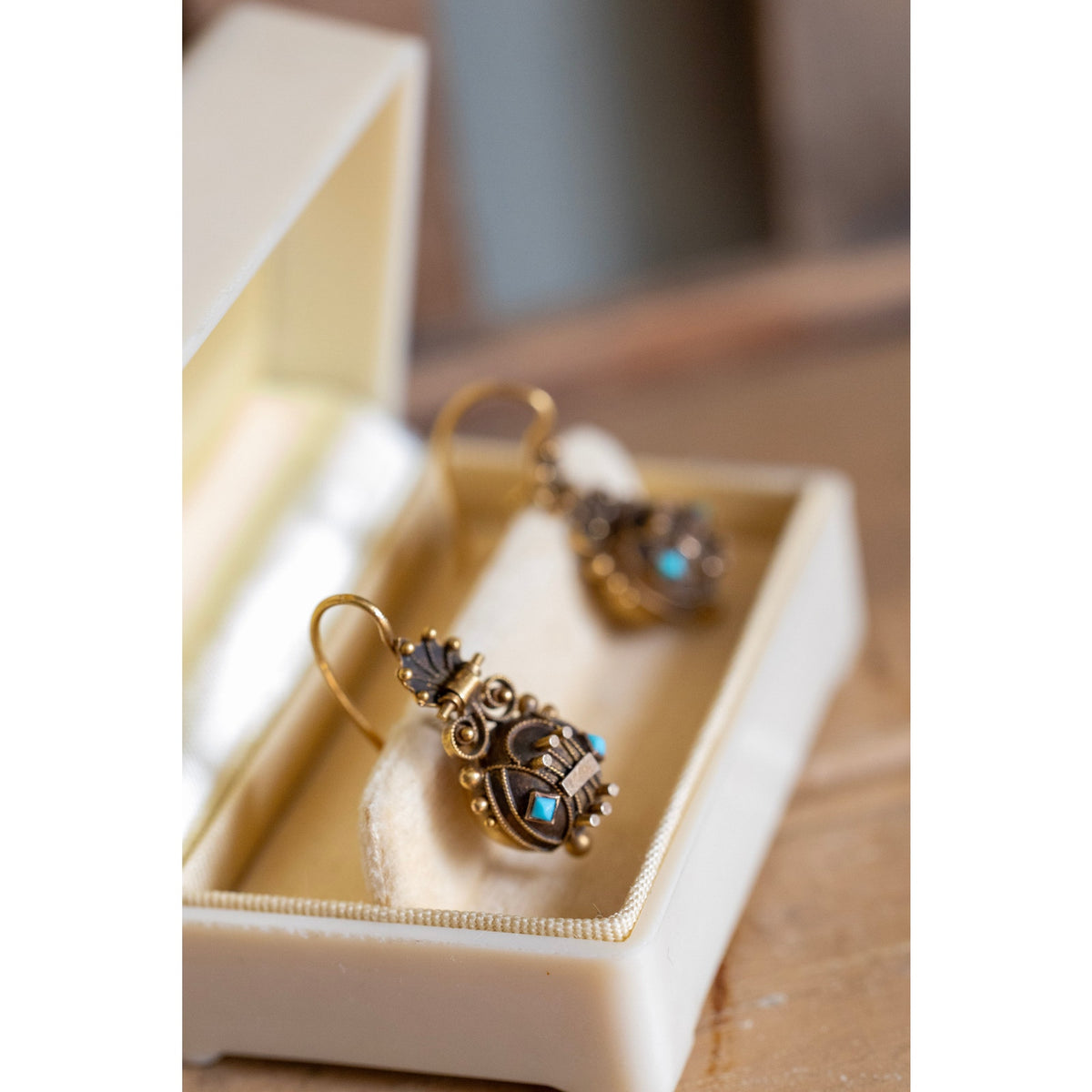 14K Bloomed Gold Victorian Antique Etruscan Revival Turquoise Dangle Earrings