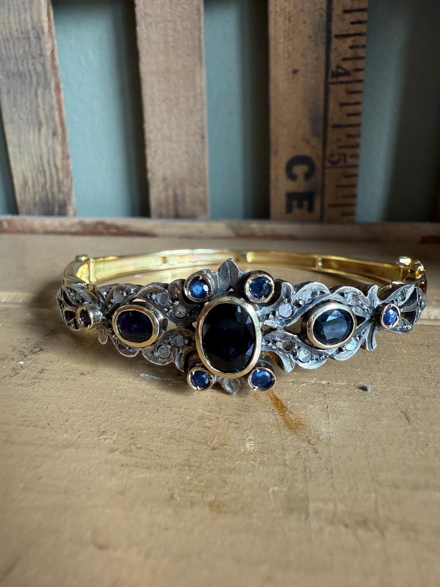 Vintage Italian Natural Sapphire and Diamond 18K Yellow Gold and Sterling Silver Topped Bangle Bracelet