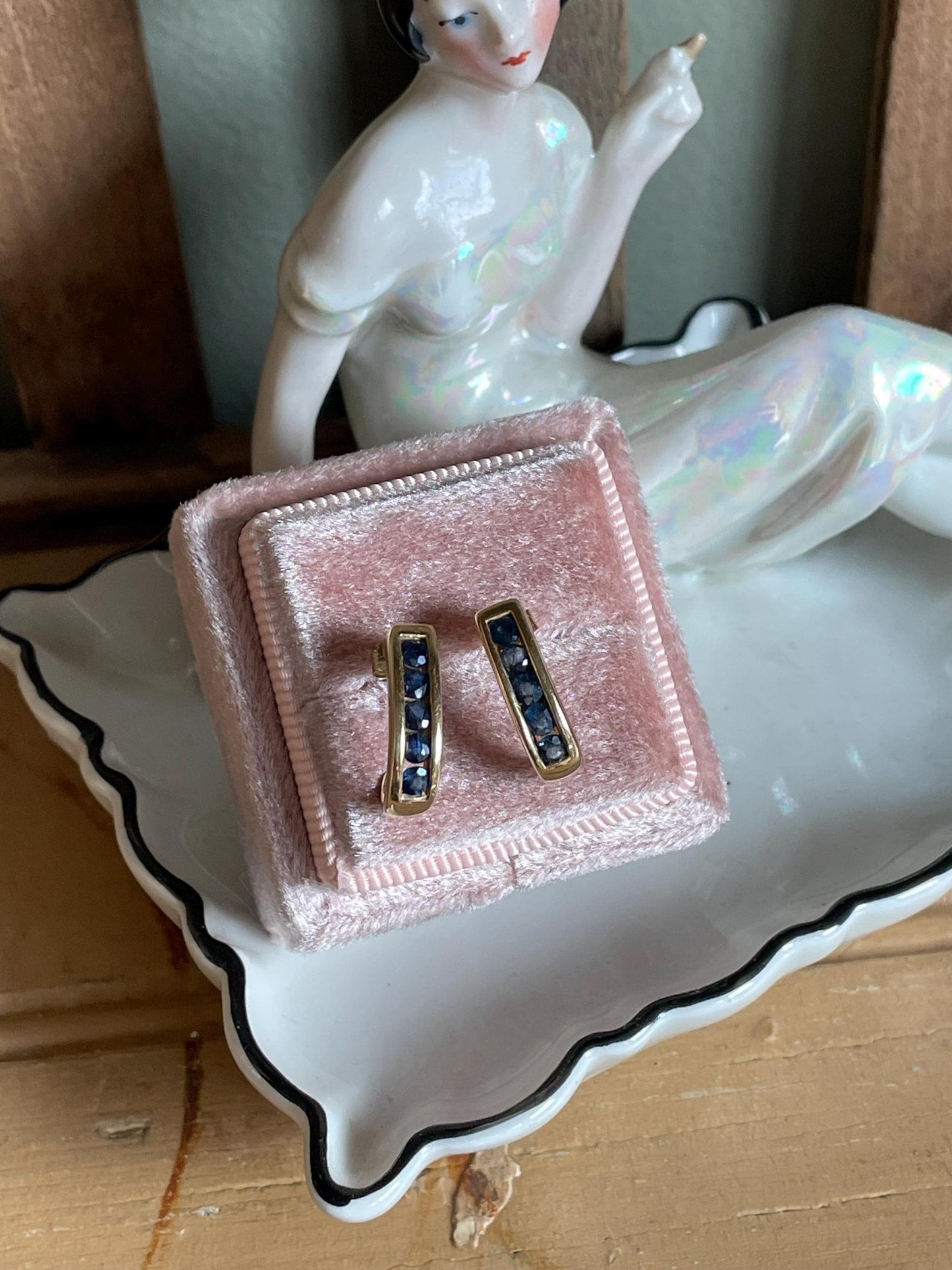 Vintage 14K Yellow Gold Channel Set Round Cut Sapphires in Half Hoops Earrings