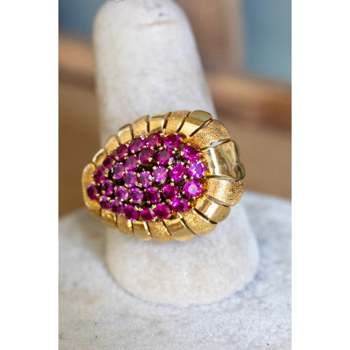 Mid Century 1950's 18K Yellow Gold Ruby Set Cocktail Ring