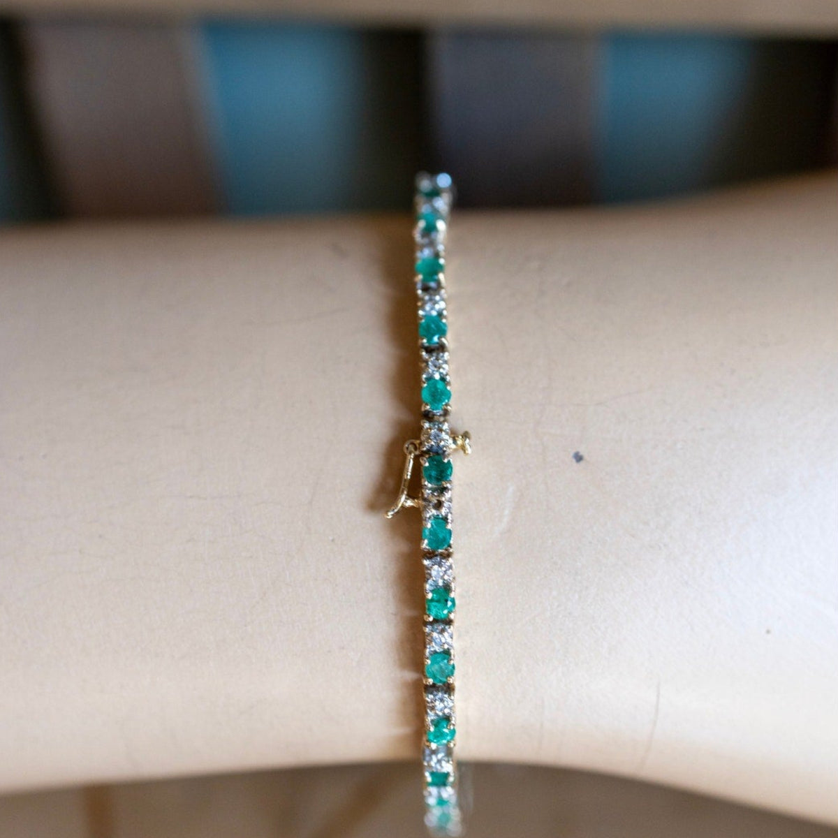 Vintage 14K Yellow Gold Natural Emerald and Diamond Line Bracelet