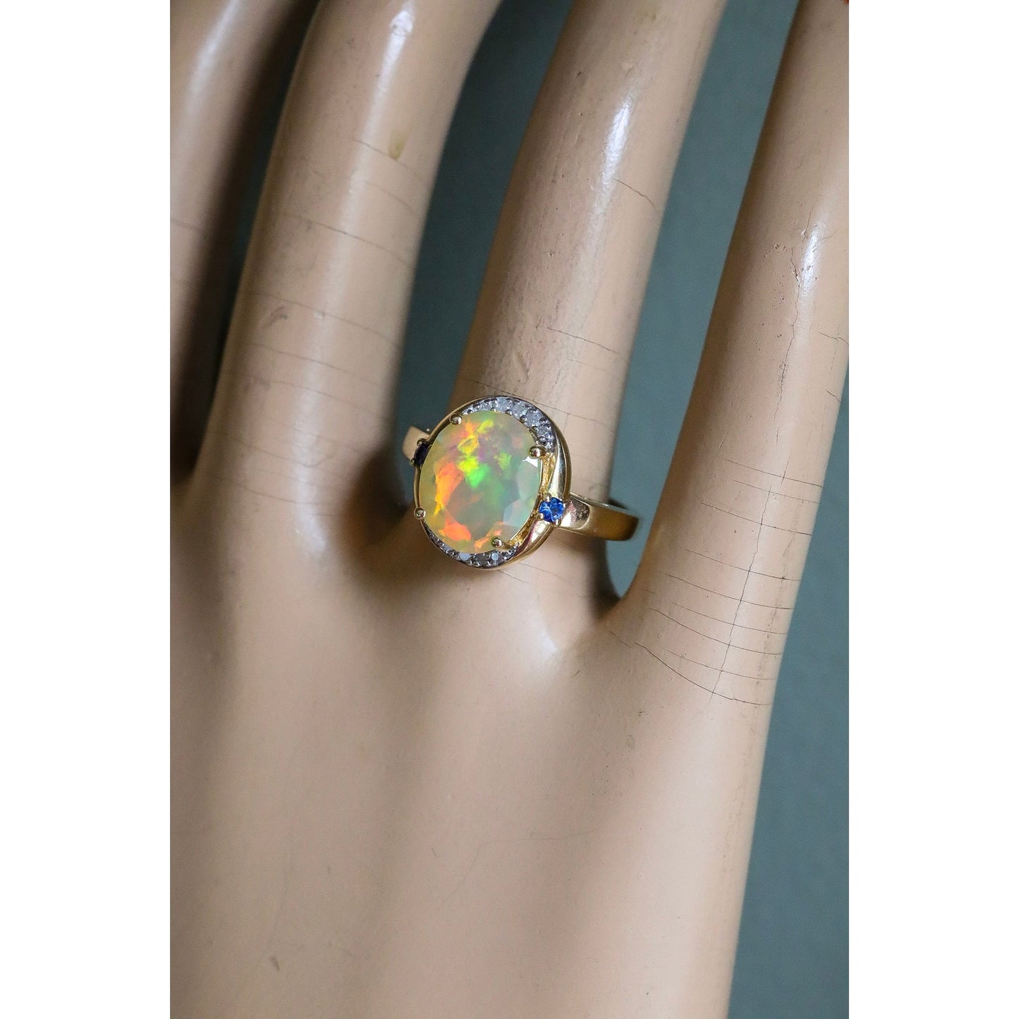 10K Yellow Gold Ethopian Opal Ring with Diamonds and Sapphires