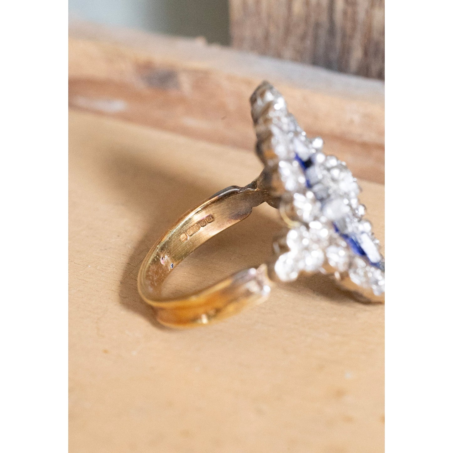 A Georgian Revival 18K English Blue Enamel and Natural Diamond Ring