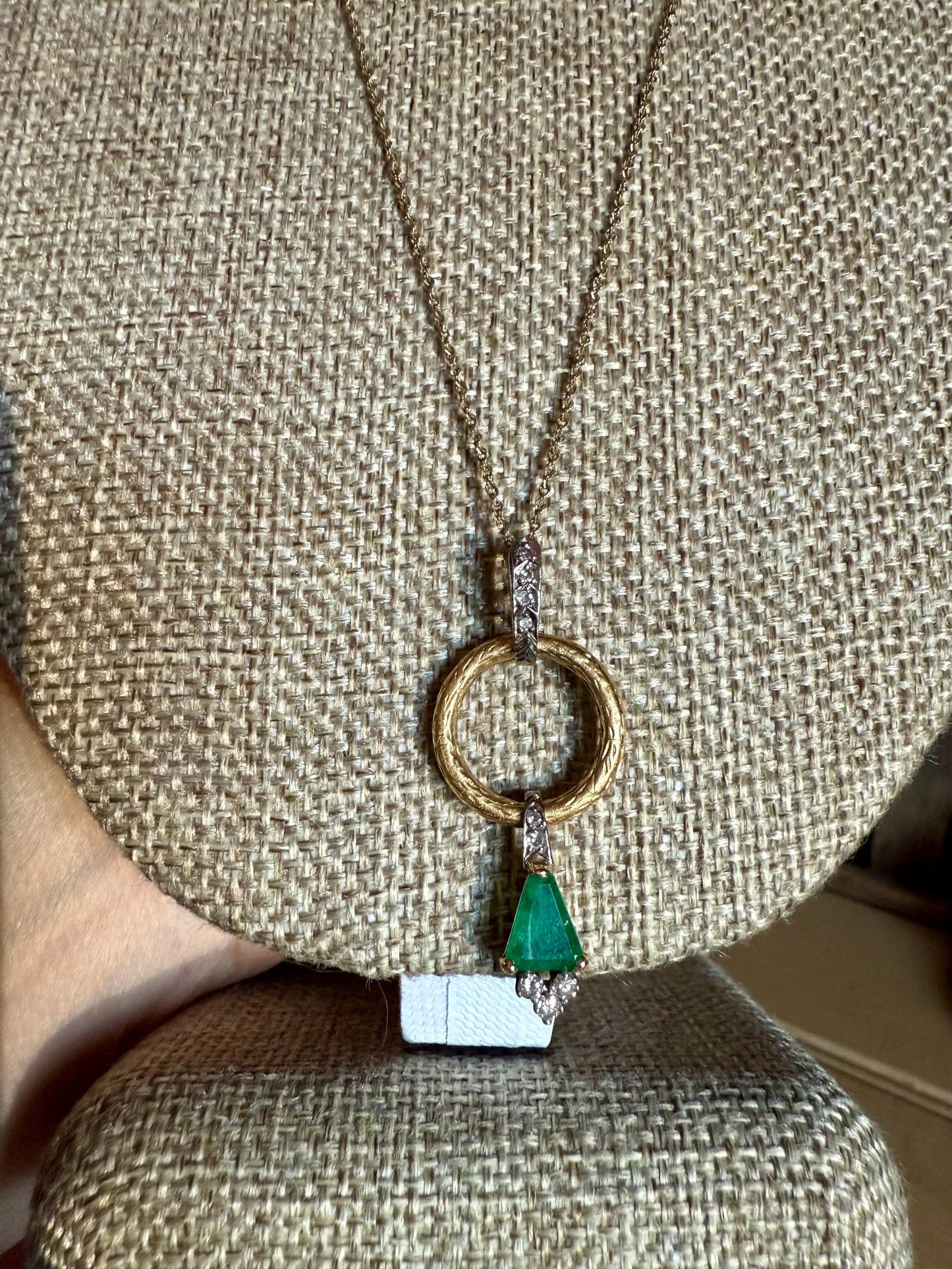Custom Designed Natural Emerald and Diamond 18K Pendant on a 14K Yellow Gold Chain