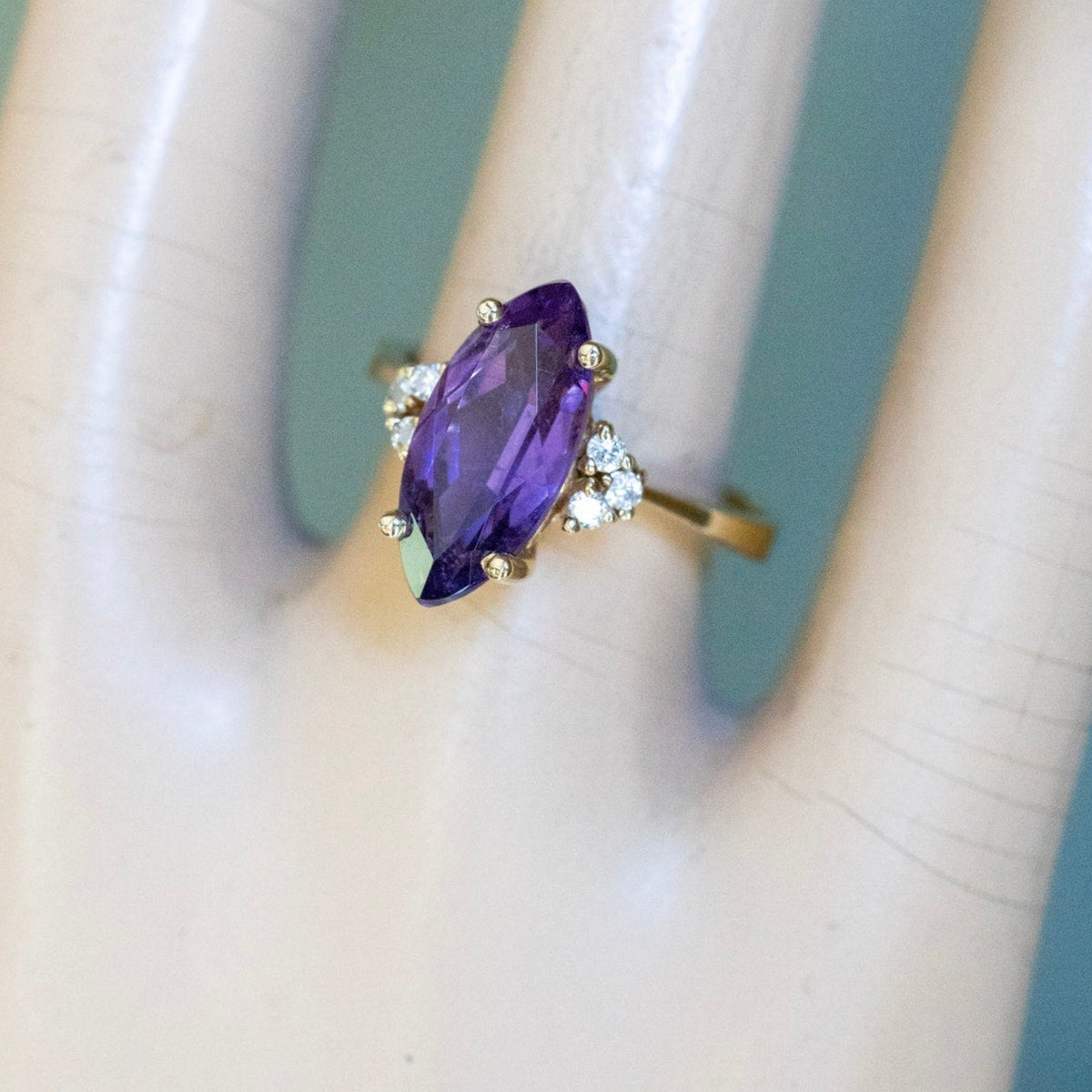 c1980 14K Yellow Gold Ring with Marquis Cut Amethyst and Diamonds