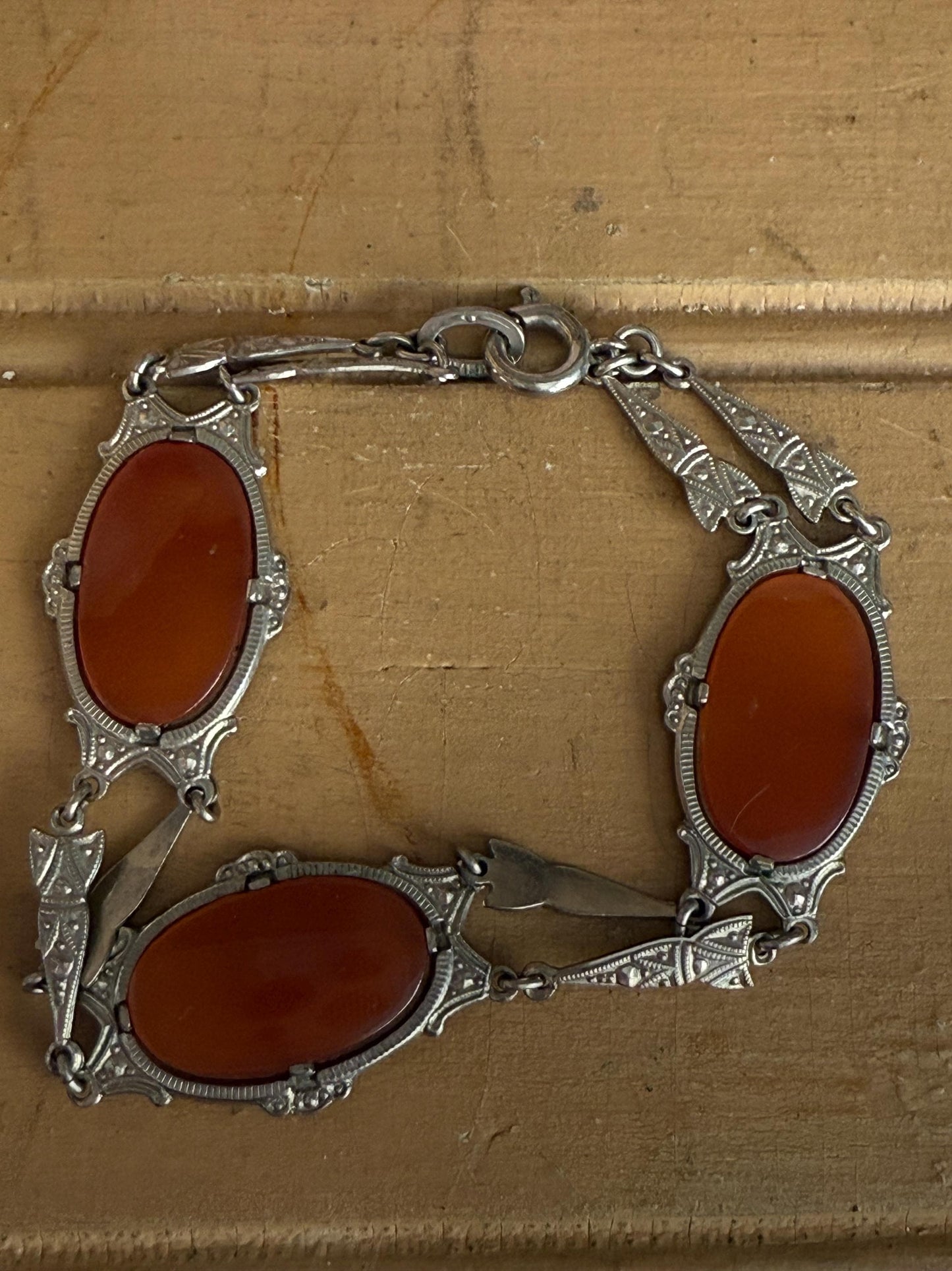 1930 Art Deco German Rhodium Plated Carnelian Glass Necklace Bracelet Set