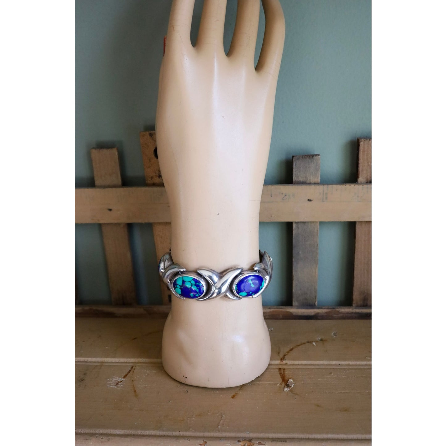 Vintage Sterling Silver Mexican XO Link Bracelet Set with Azurite-Malachite