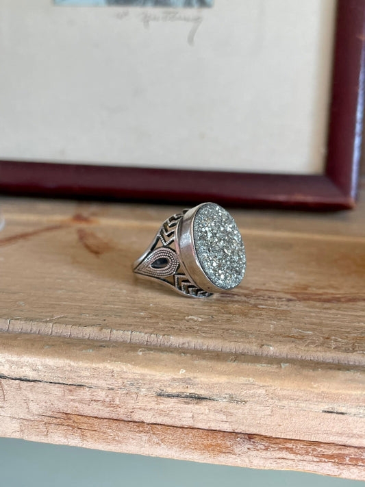 Vintage Filigree Sterling Silver Pyrite Druzy Ring - Size 5.25