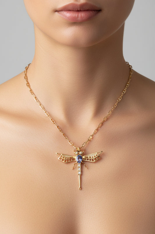 A 14K Yellow Gold Tanzanite and Diamond Dragonfly Brooch Pendant