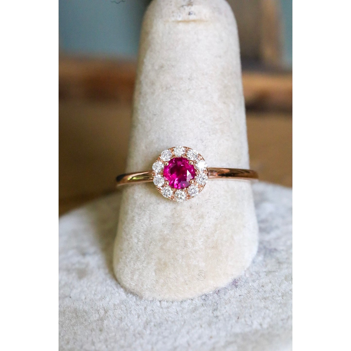 14K Rose Gold Natural Ruby and Diamond Halo Ring