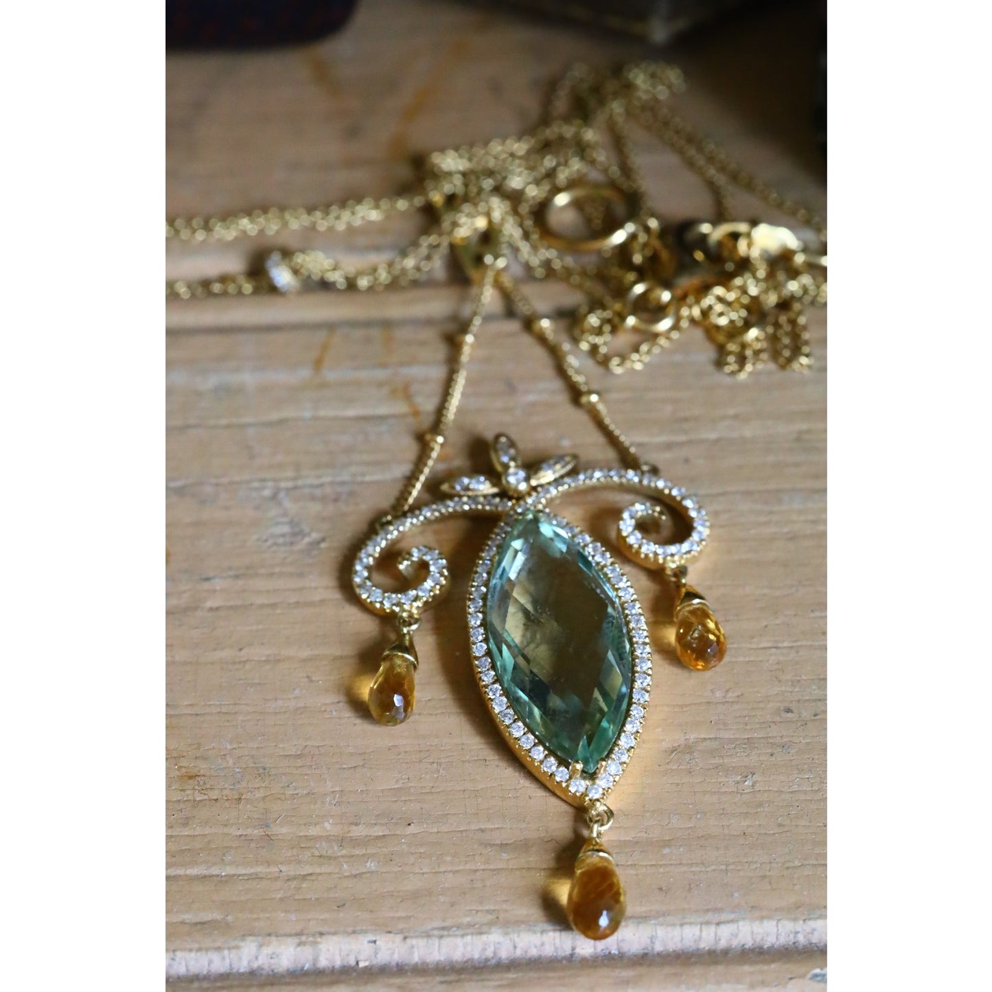 Vintage 18K Yellow Gold Art Nouveau Inspired Prasiolite, Diamond and Citrine Necklace