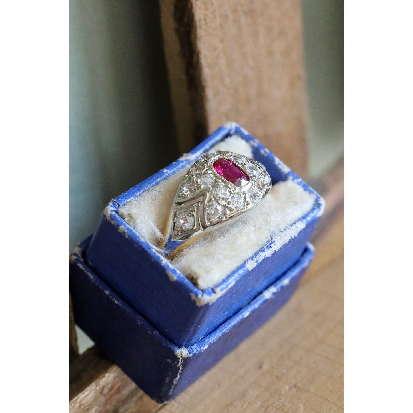 Antique 18K Gold Old Mine Old European Cut Diamonds and Ruby Ring