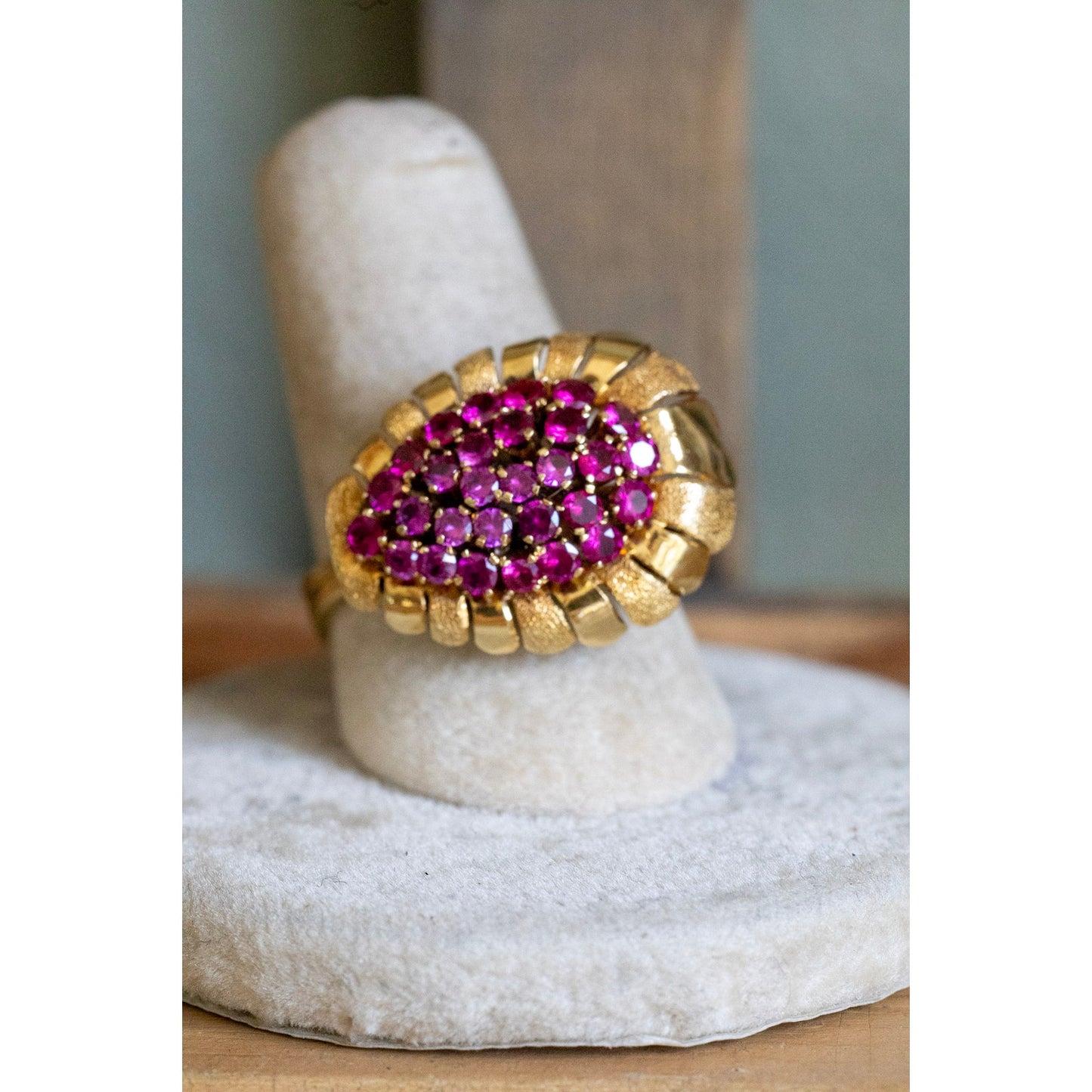 Mid Century 1950's 18K Yellow Gold Ruby Set Cocktail Ring