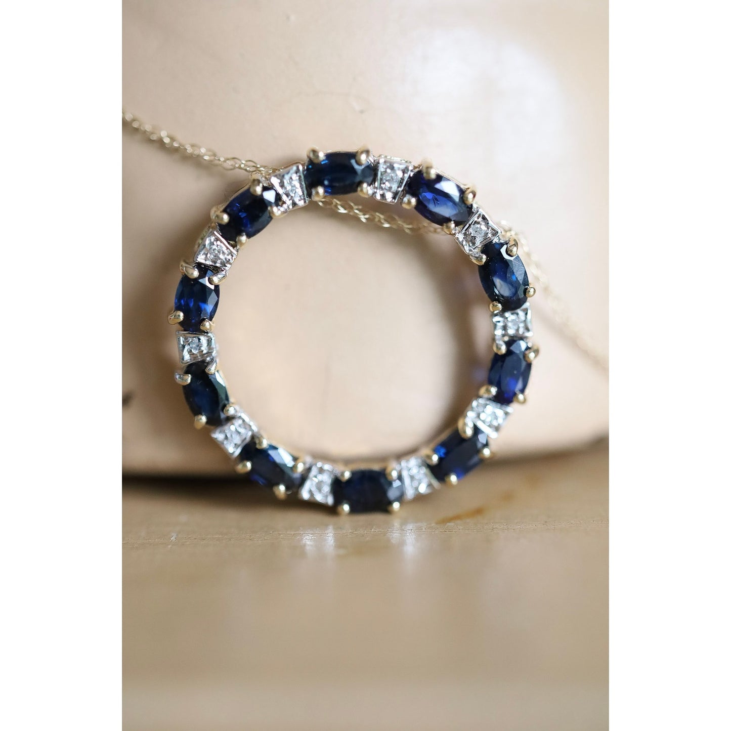 Vintage 14K Yellow Gold Natural Sapphire and Diamond Circle Necklace