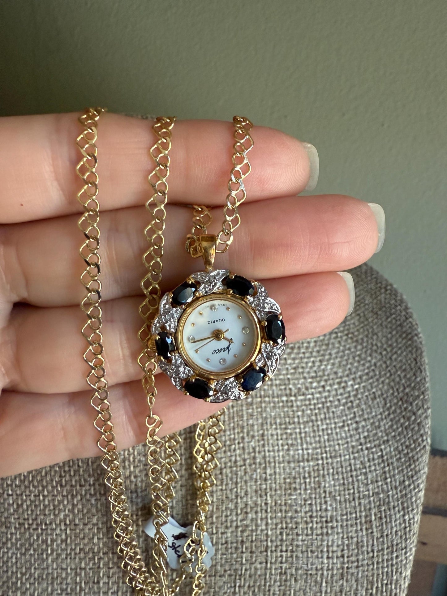 Vintage Sterling with Gold Overlay Jasso Sapphire Working Watch Pendant on Sterling Chain