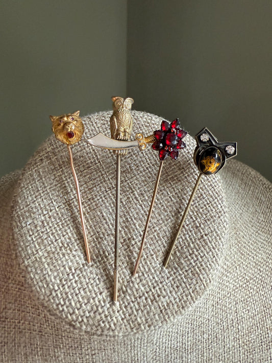 Pick an Antique Stickpin Lion, Owl, Garnet and Edwardian Art Glass
