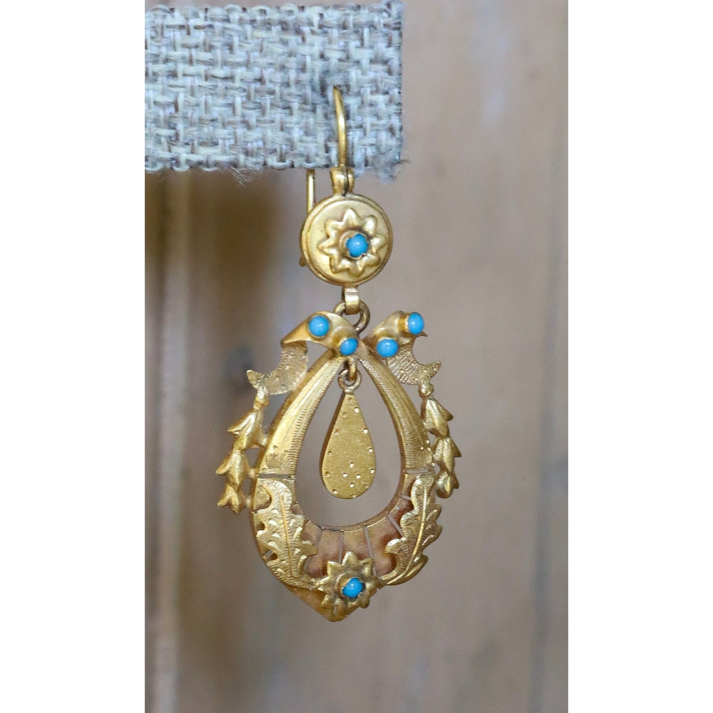 Antique Victorian 14K Yellow Gold Turquoise Set Dangle Earrings