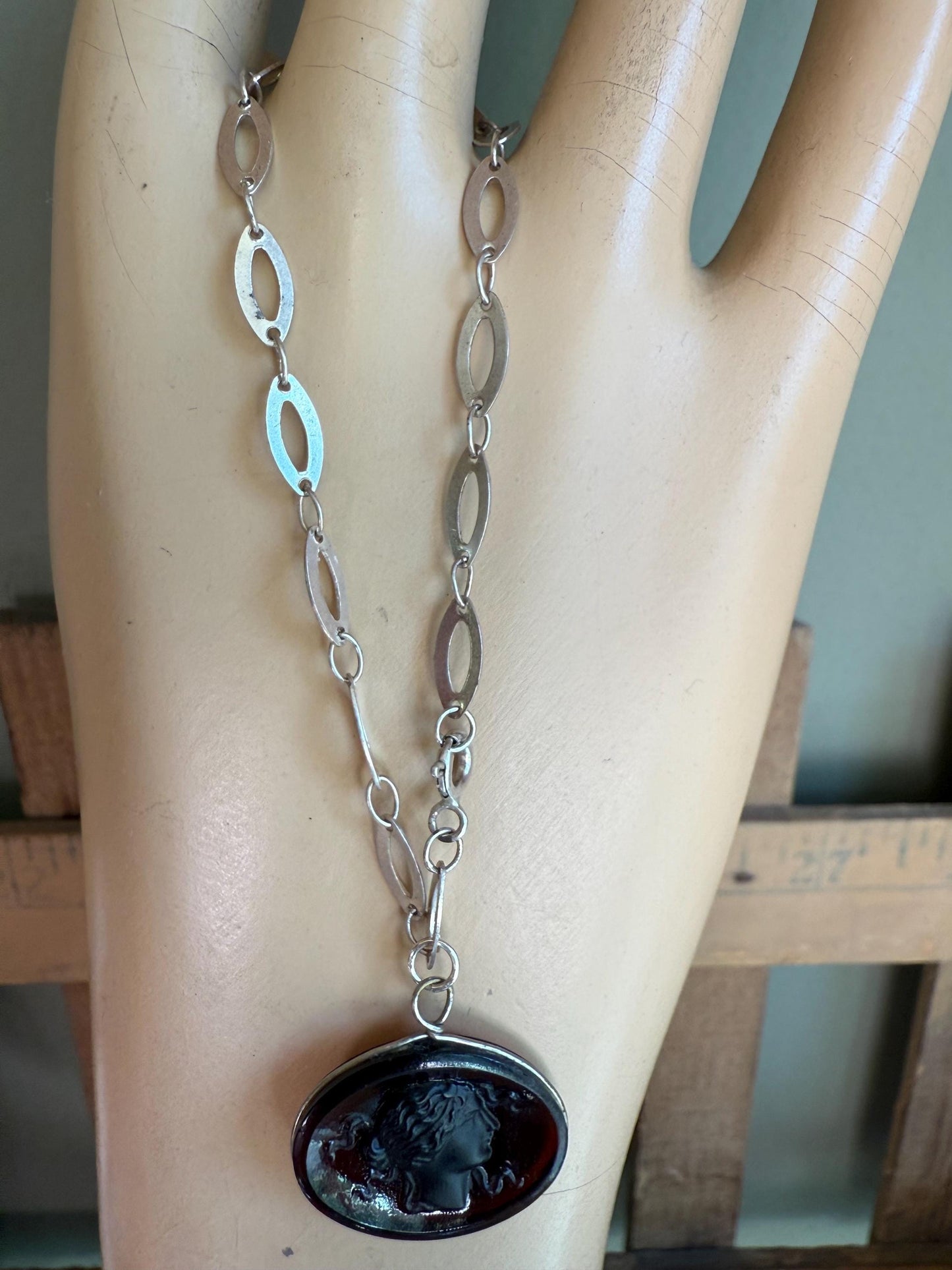 An Antique Glass Tassie Intaglio of a Lady in Profile on a Sterling Silver Bracelet