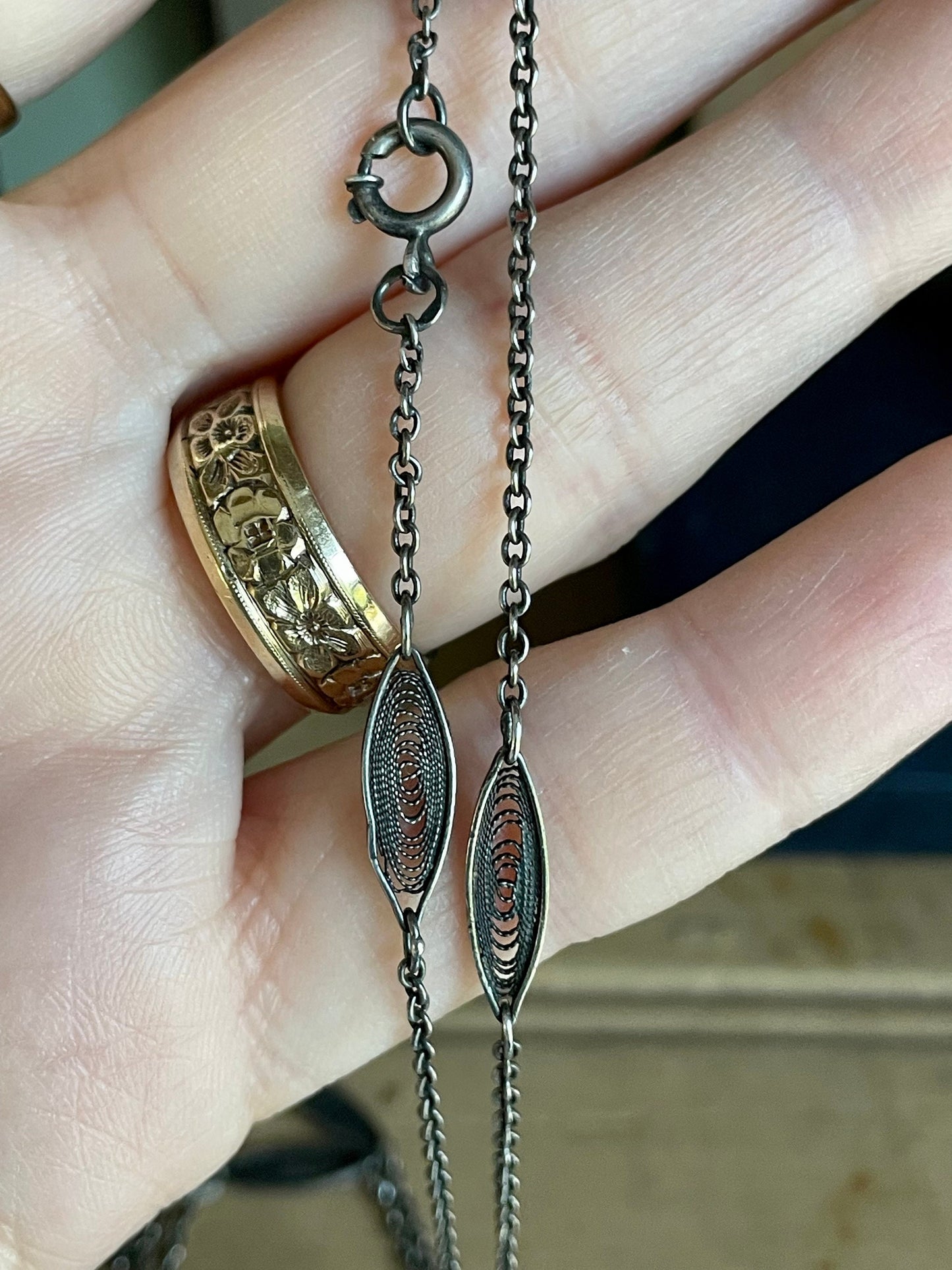 Antique Sterling Silver Hand Made Link Filigree Necklace