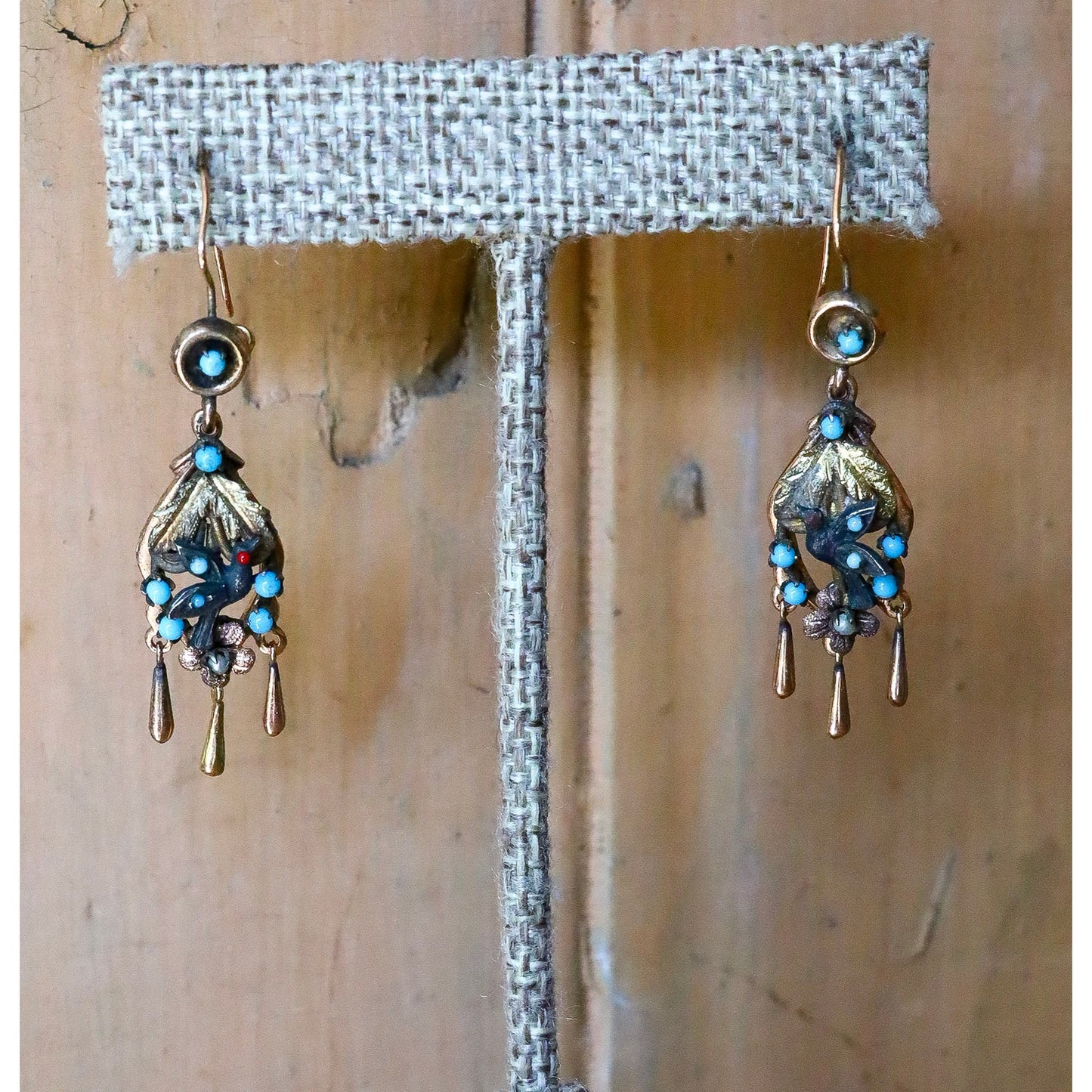 Antique 8-9K Tri Color Gold Mexican Made Bird Motif Dangle Earrings