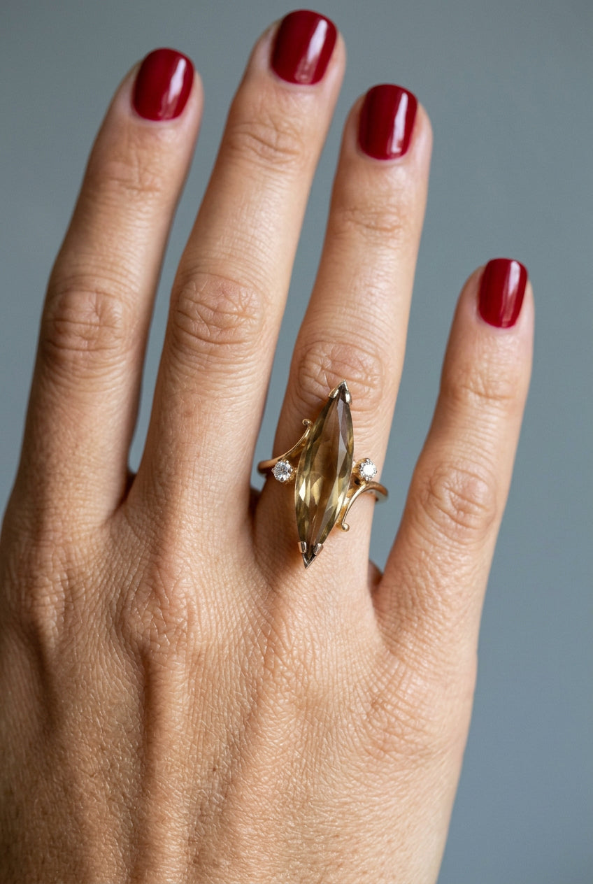 1960-1970 10K Yellow Gold Dramatic Marquis Cut Smoky Quartz Ring