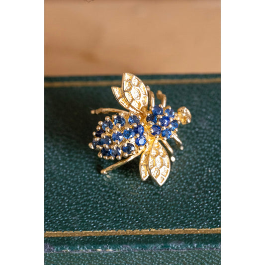 Vintage 14k Yellow Gold Natural Sapphire Bee Brooch