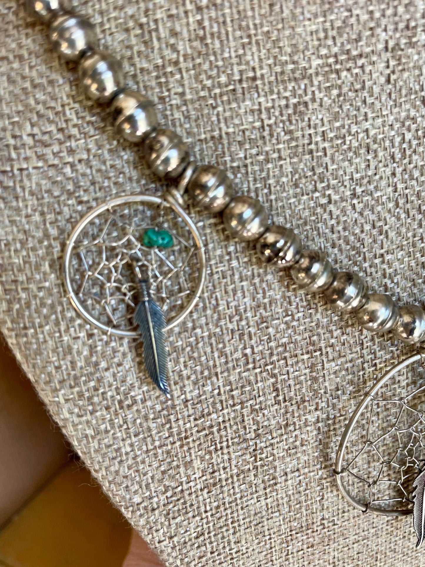 A Vintage Navajo Sterling Silver Handmade Dream Catcher Turquoise Nugget Necklace