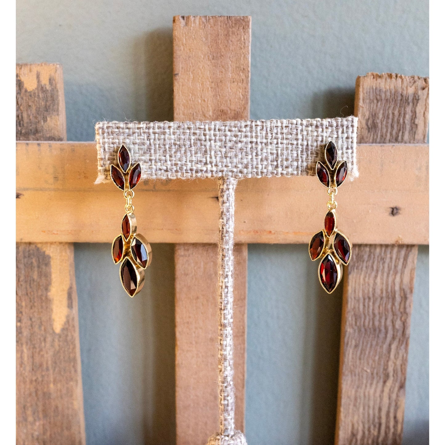 A Vintage Pair of 14K Yellow Gold Marquis Cut Garnet Dangle Earrings
