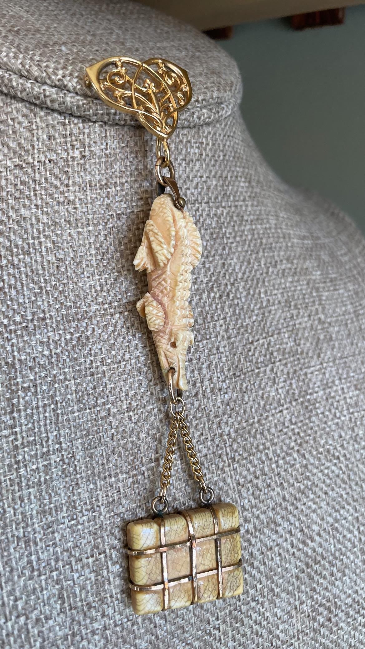 Antique Trio of Victorian Alligator Watch Fob, Suitcase and Edwardian Pocket Watch Brooch